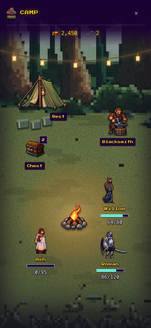 Camp: Rest, chests and the Blacksmith.