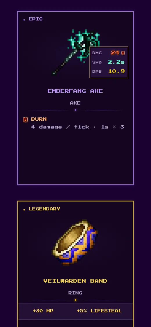 Gear cards: Epic and Legendary drops.