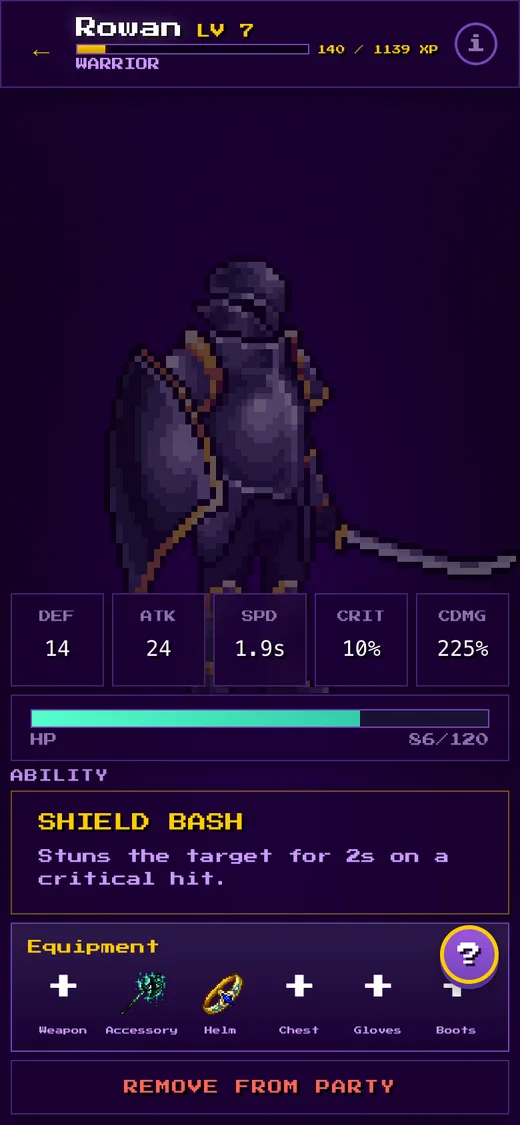 Hero sheet: Stats, ability and equipment.