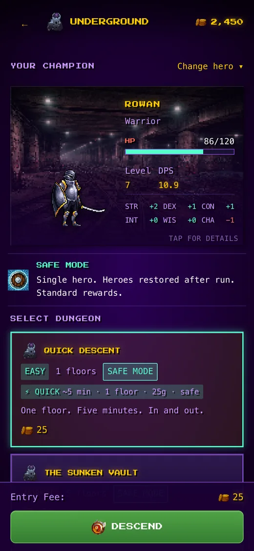 Underground: Single-hero dungeon runs.