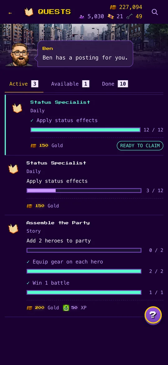 Quests: Daily, story and starter quests.